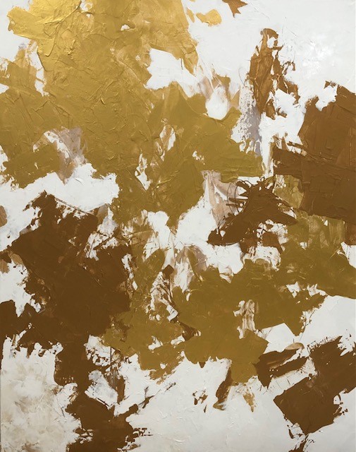 60x48; a resin painting of shades of gold paint against a cream background