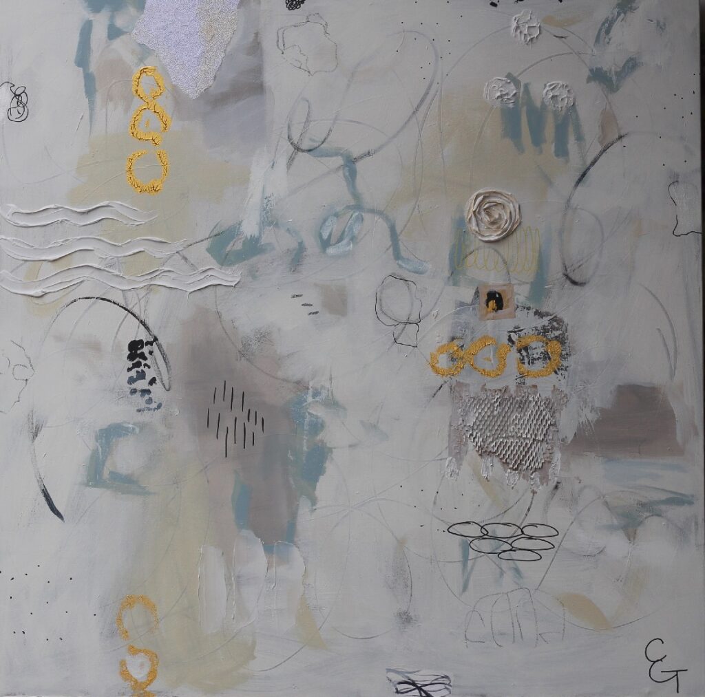 48x48; abstract with small circles and lines in gold and black against a cream background