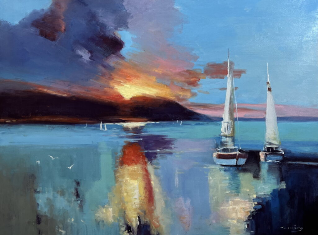 30x40; a vibrant sunset over sailboats in the ocea