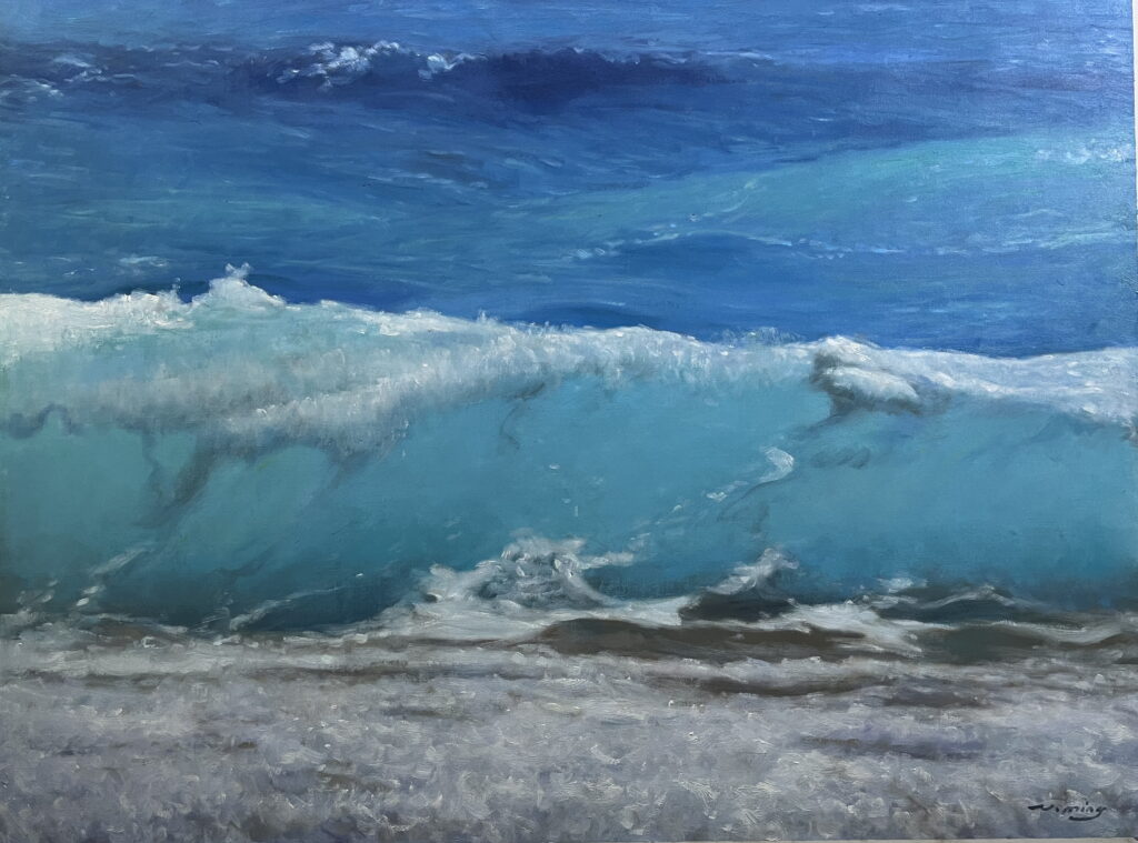36x48; a close-up of teal waves hitting a beach
