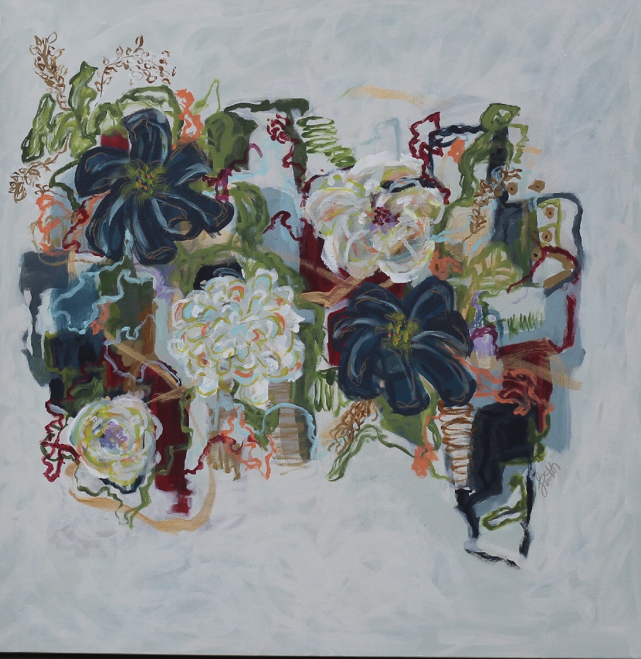 36x36; abstract floral of white and navy blue flowers surrounded by green leaves