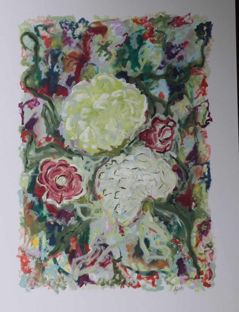 36x48; pale yellow and white flowers in background of green leaves