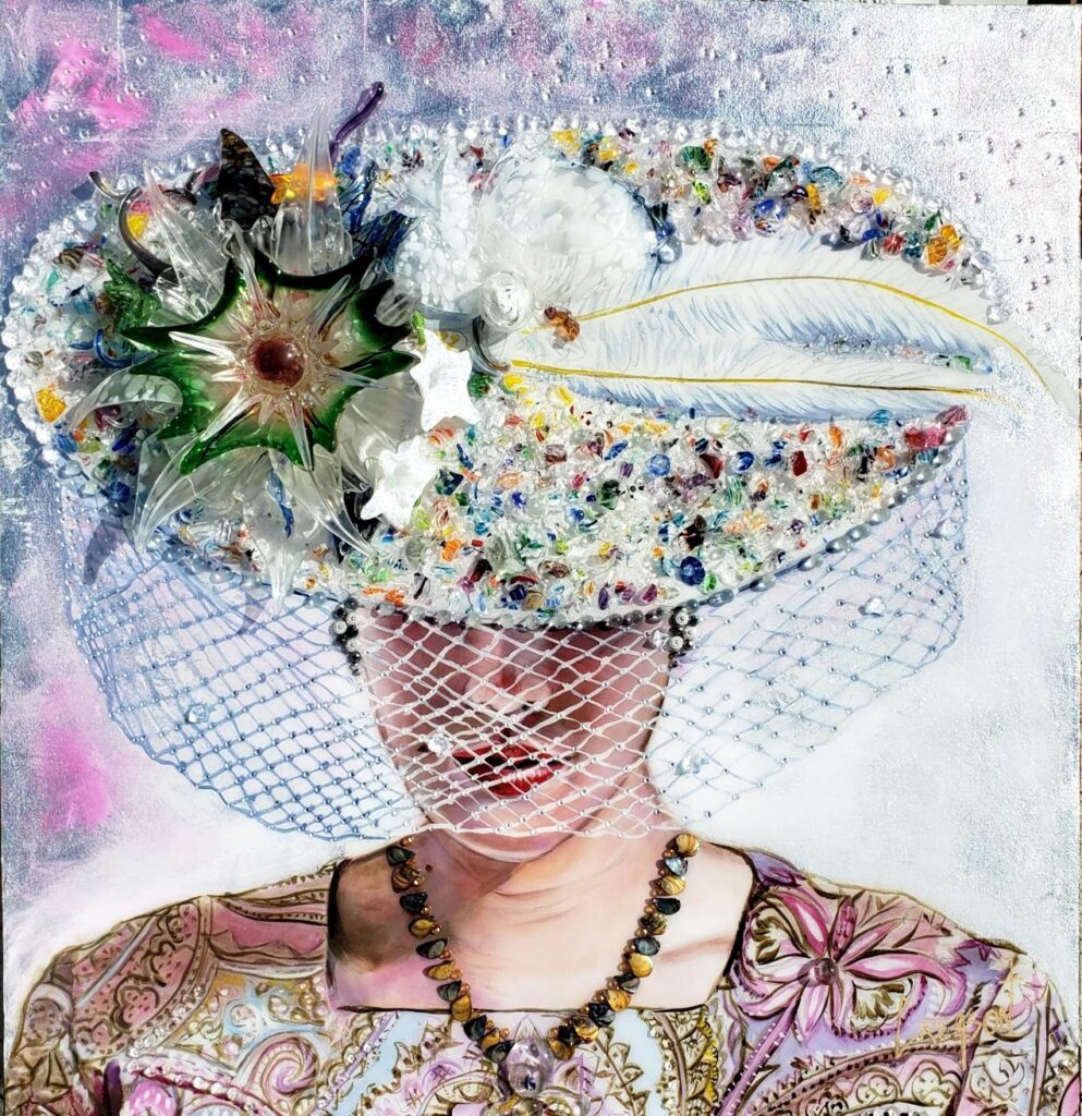 "The Beekeeper's Wife" limited edition: a lady with a huge white hat with multi-colored flowers and feathers (made of glass) with a veil over her face