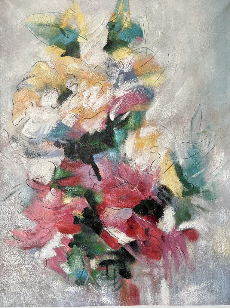30x40; abstract floral of red and yellow flowers with green leaves against a cream background