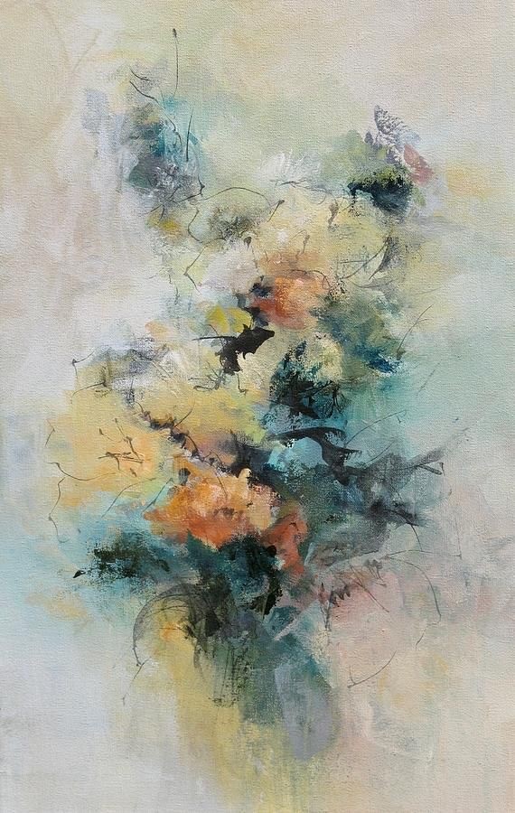 24x36; abstract floral with soft peach and yellow against dark green leaves