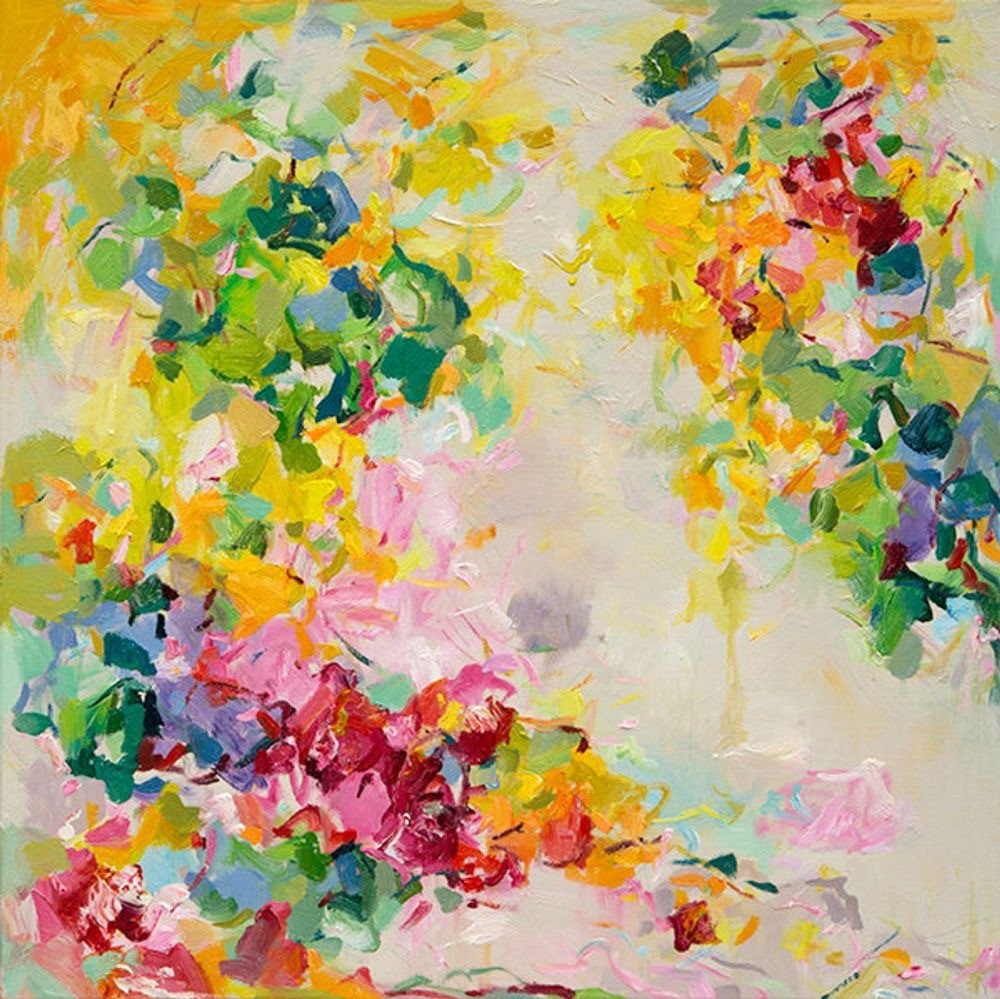 36x36 abstract; blotches of bright yellow, green, pink, and red