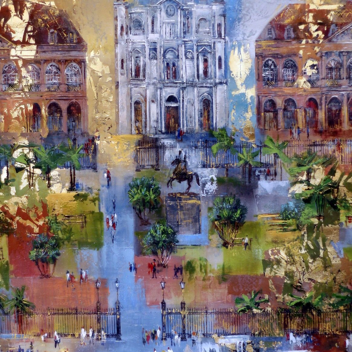 an architectural painting of New Orleans' Jackson Square in the foreground and St. Louis Cathedral in the background. The color palette consists of deep blues, greens, and gold leaf.