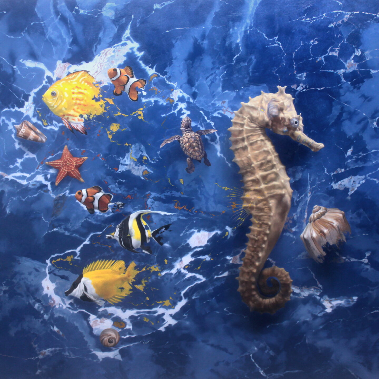 a surrealist painting in 38x32 inches; yellow fish in the top left and bottom left corners, an orange starfish in the middle, with a large brown seahorse on the right half of the painting. The background is ddep marine blue to look like the ocean.